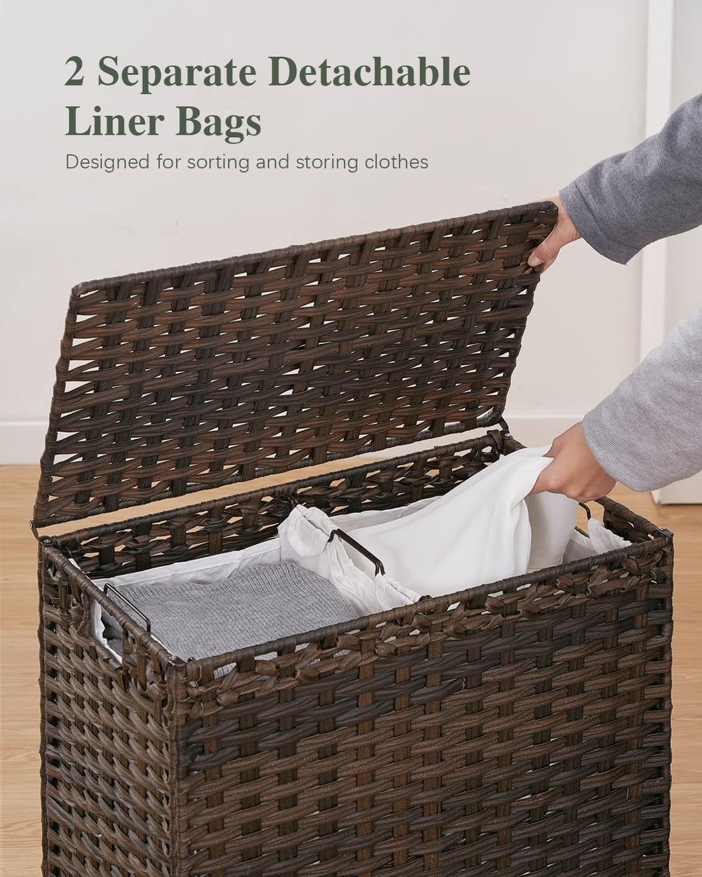 SETVSON Laundry Hamper with Lid, 29.6 Gal 2-Bag Clothes Sorter, Brown
