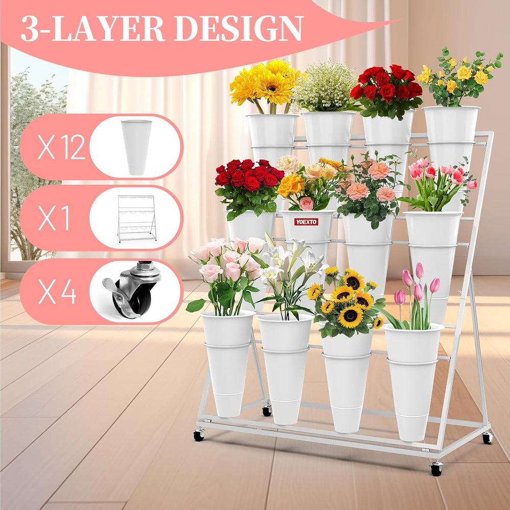 Flower Display Stand with 12 Buckets, 3-Layer Metal Plant Stand with Wheels, ...