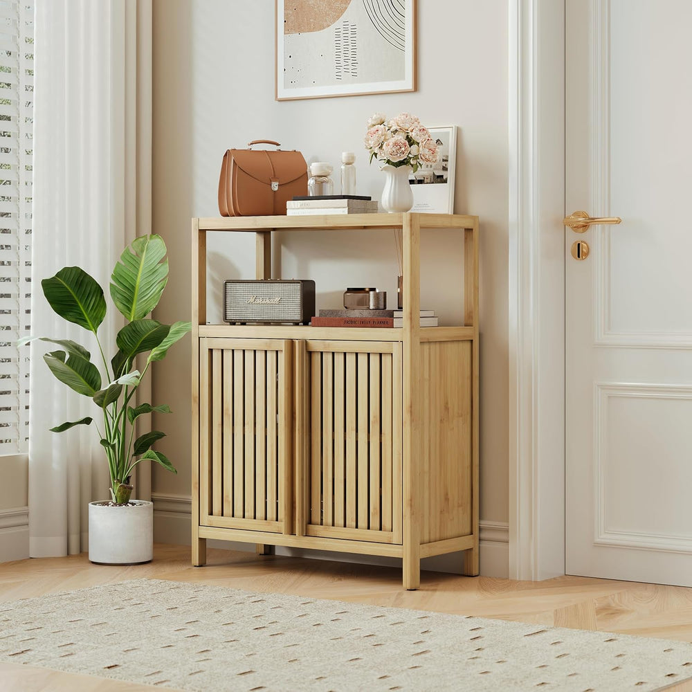 Bamboo Bathroom Storage Cabinet Furniture, Bathroom Floor Cabinet with 2 Shut...