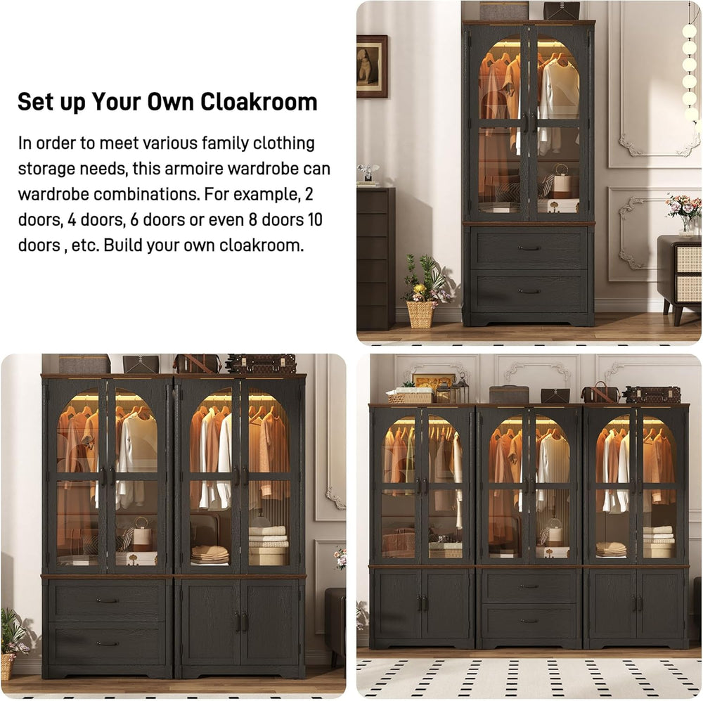 Tall Farmhouse 6 Doors Armoire Wardrobe Closet with LED ,72" Freestandin...