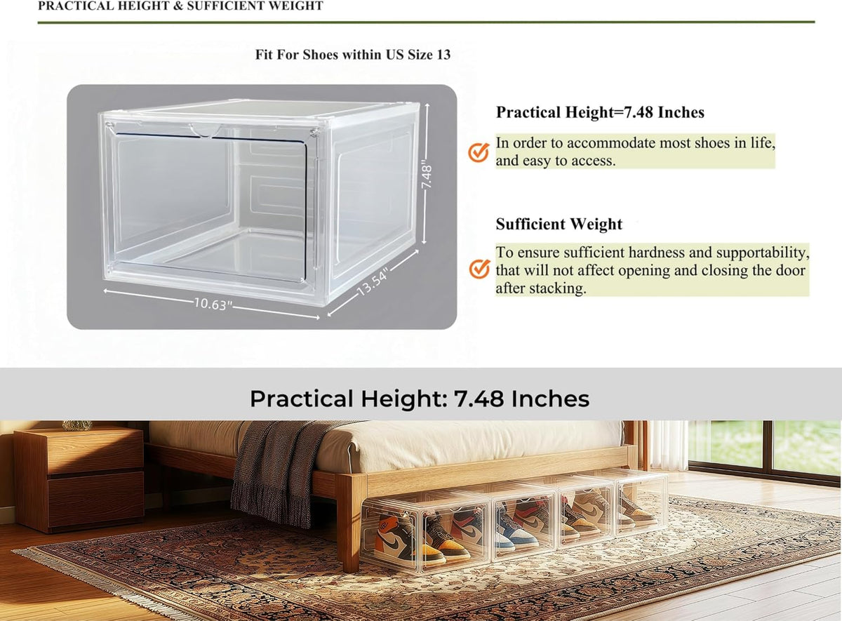 clear shoe storage boxes stackable, plastic shoe boxes shown in use