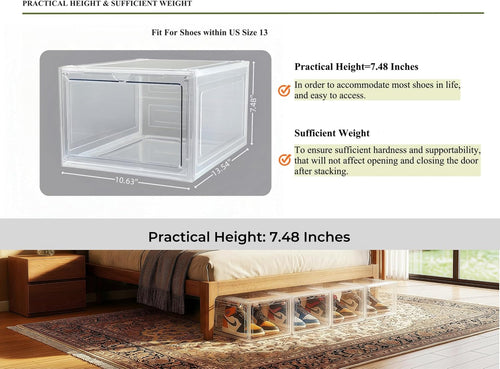 clear shoe storage boxes stackable, plastic shoe boxes shown in use