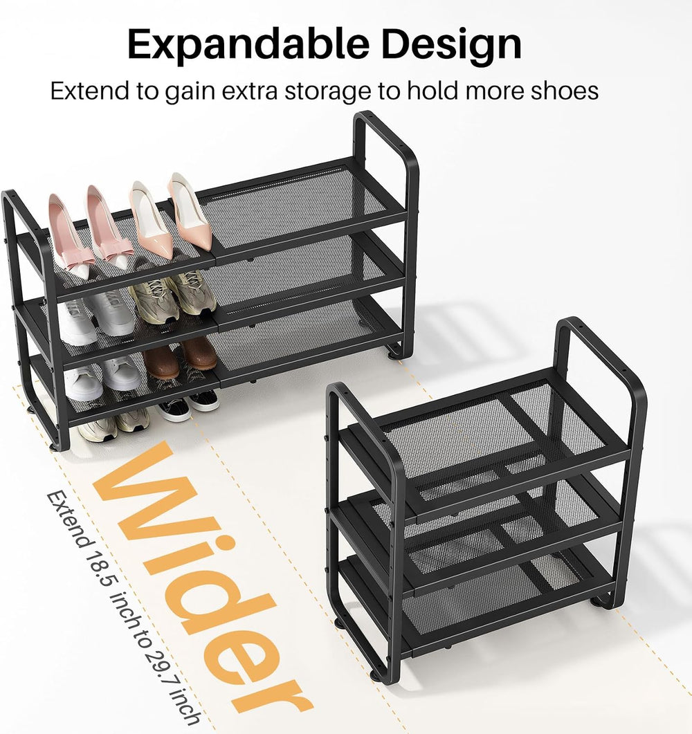 Expandable Metal Shoe Rack for Closet, Entryway & Garage, 3-Tier, Black
