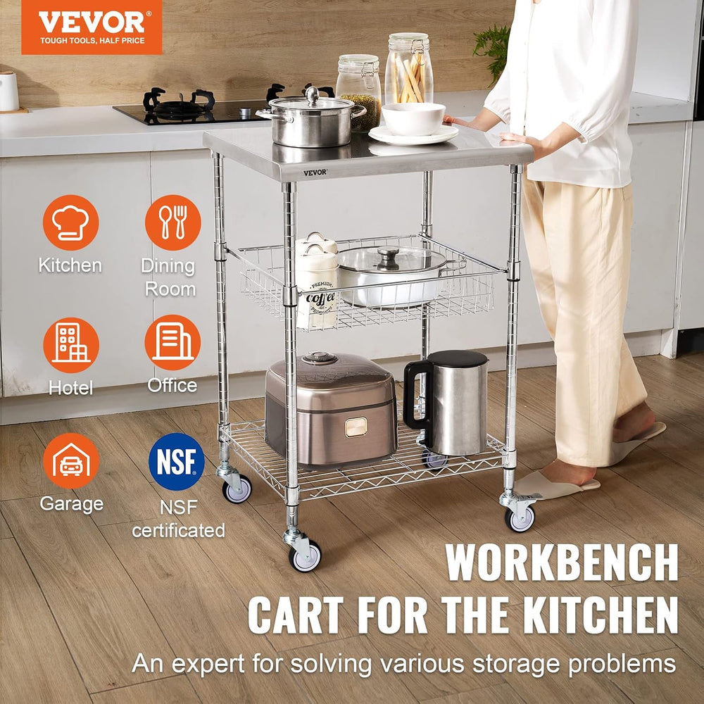 VEVOR Kitchen Utility Cart, 36.6"x20"x24" 3 Tiers Wire Rolling...