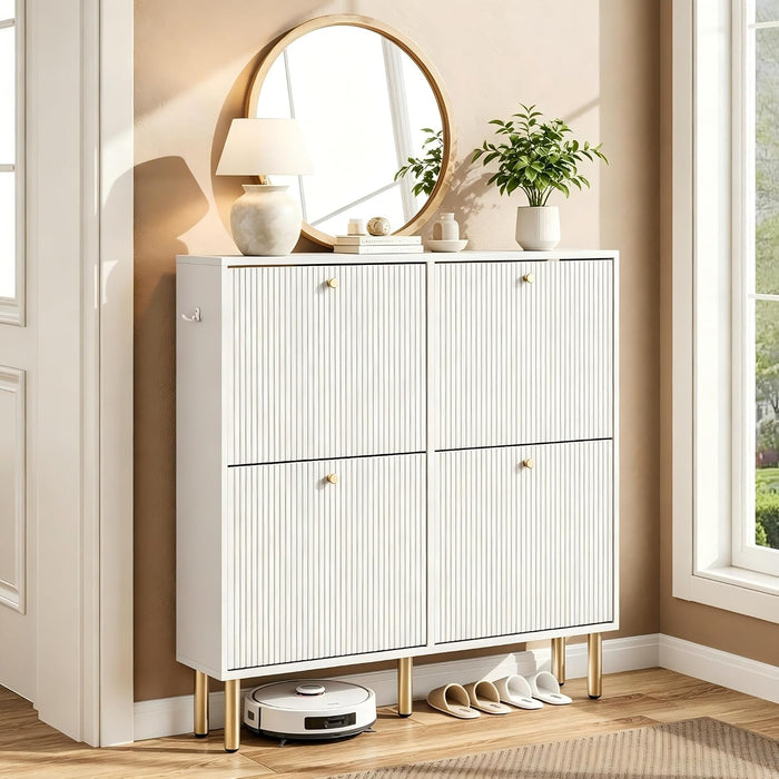 Nicetree Shoe Storage Cabinet for Entryway - 4 Flip Drawers Shoe Cabinet with Tiered Fluted Design - Slim Shoe Storage Rack with Gold Legs - Narrow Shoe Cabinet Hidden Shoe Organizer for Small Spaces