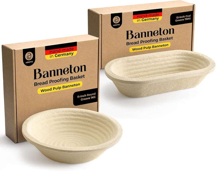 Wood Pulp Banneton Bread Proofing Basket Set – Round 2.2 LB & Oval 1.5 LB Grooved Brotform Baskets – Non-Stick Natural Wood Pulp, Made in Germany Proofing Baskets for Sourdough Bread