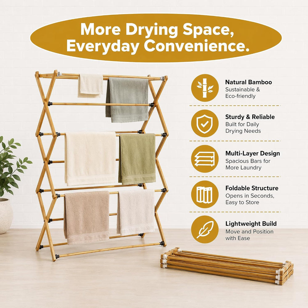 Bamboo Clothes Drying Rack, 3-Tier Tall Laundry Drying Rack
