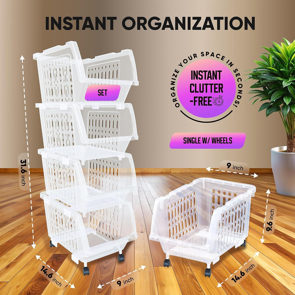 Small Stackable Storage Bins Open Front with Wheels, 4 Pack - Clear