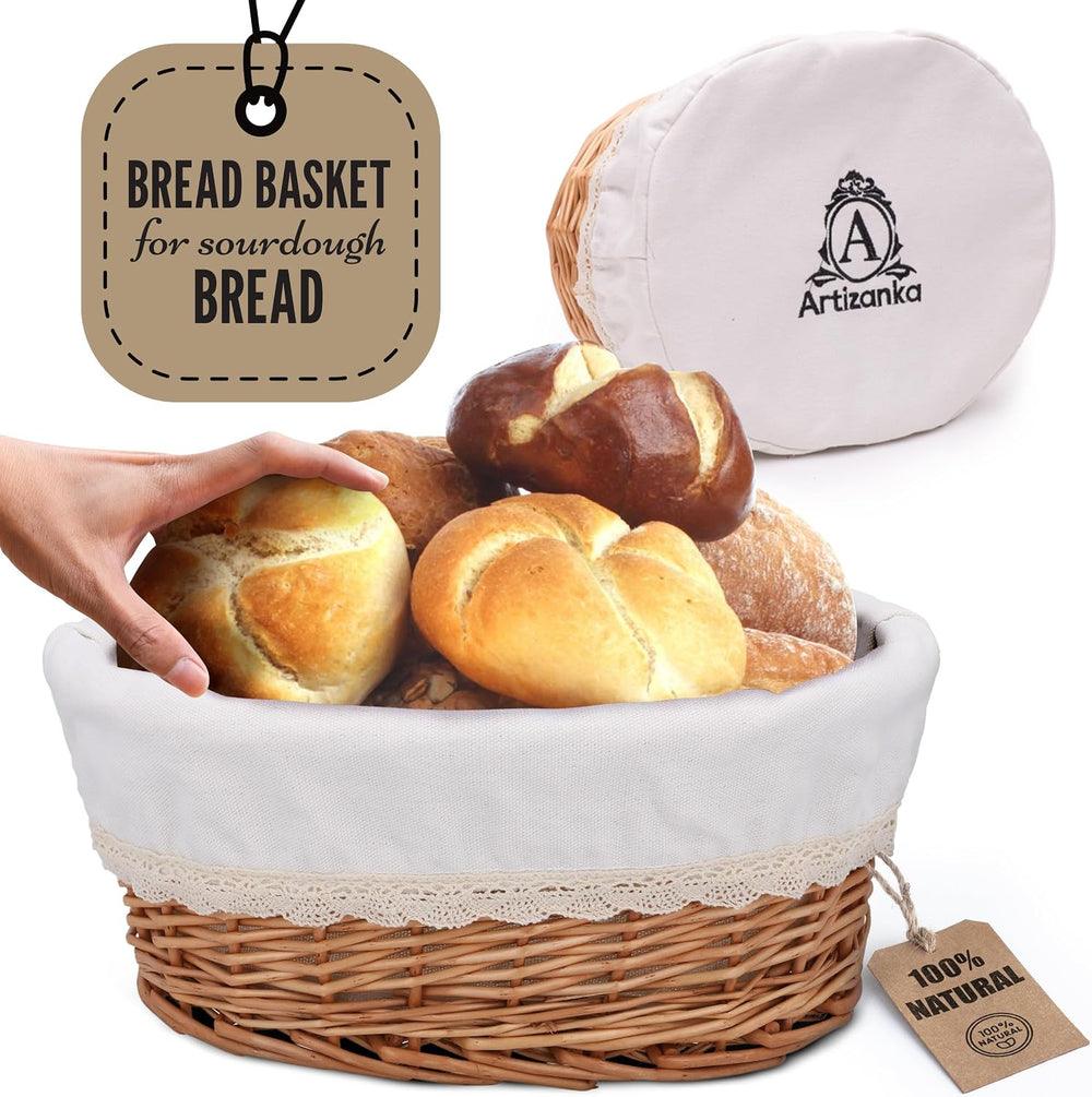 Large Wicker Bread Basket with Removable Linen Liner and Cover - Handmade Rat...