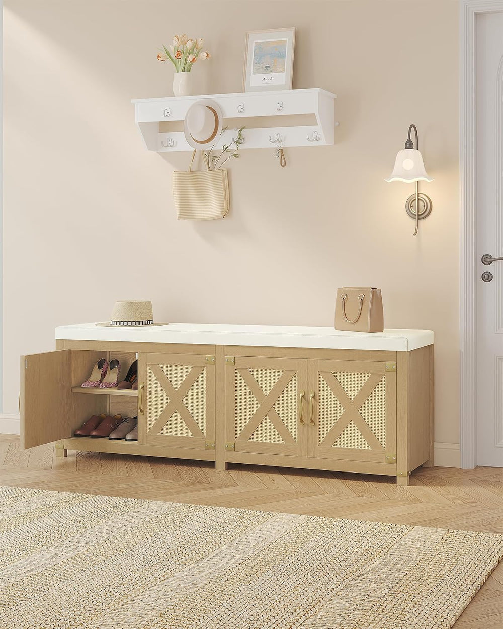 Hzuaneri 59" Shoe Storage Bench, with Soft Padded Seat Cushion & Doors