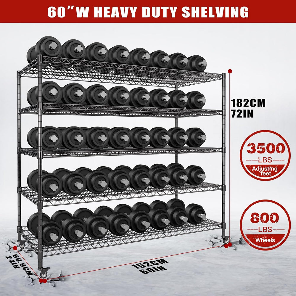 AIRAJ 60”W Metal Shelving with Wheels, 5 Tier Wire Shelving Heavy Duty