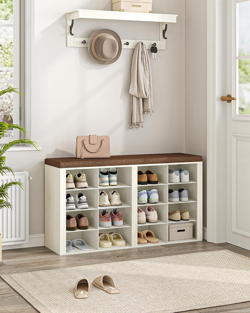 Hzuaneri Shoe Storage Bench with Cushion, Entryway 16-Cubby Shoe Rack