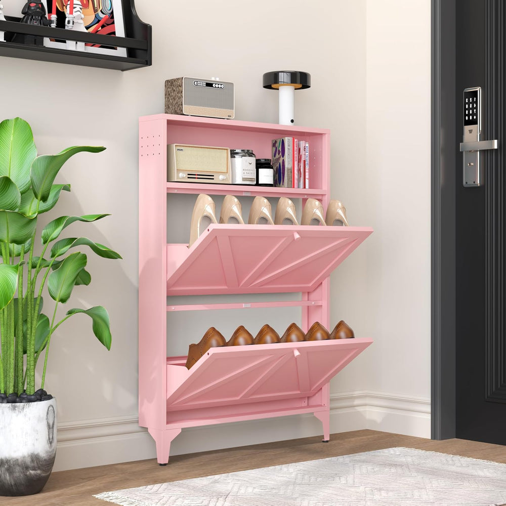 Shoe Cabinet with 2 Flip Drawers, Narrow Shoe Storage Cabinet, Farmhouse Shoe...