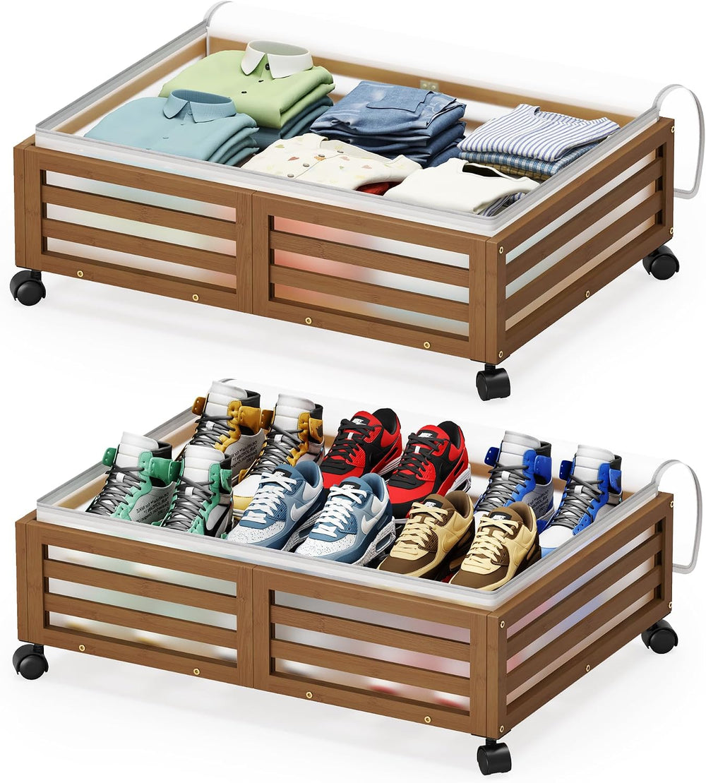 Under Bed Storage with Wheels-Large Bamboo Underbed storage Containers with L...