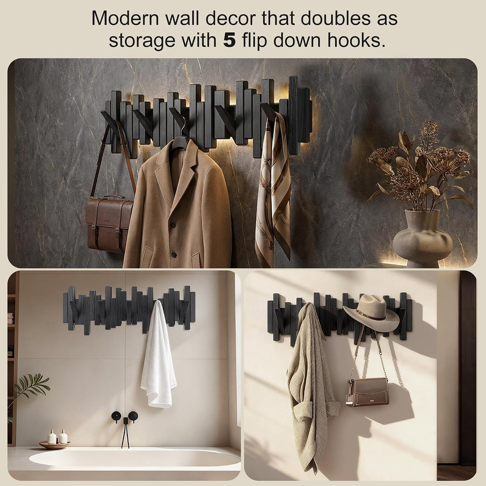 Coat Rack Wall Mount Piano Flip Down Wall Hook Rack 5 Hooks Oak