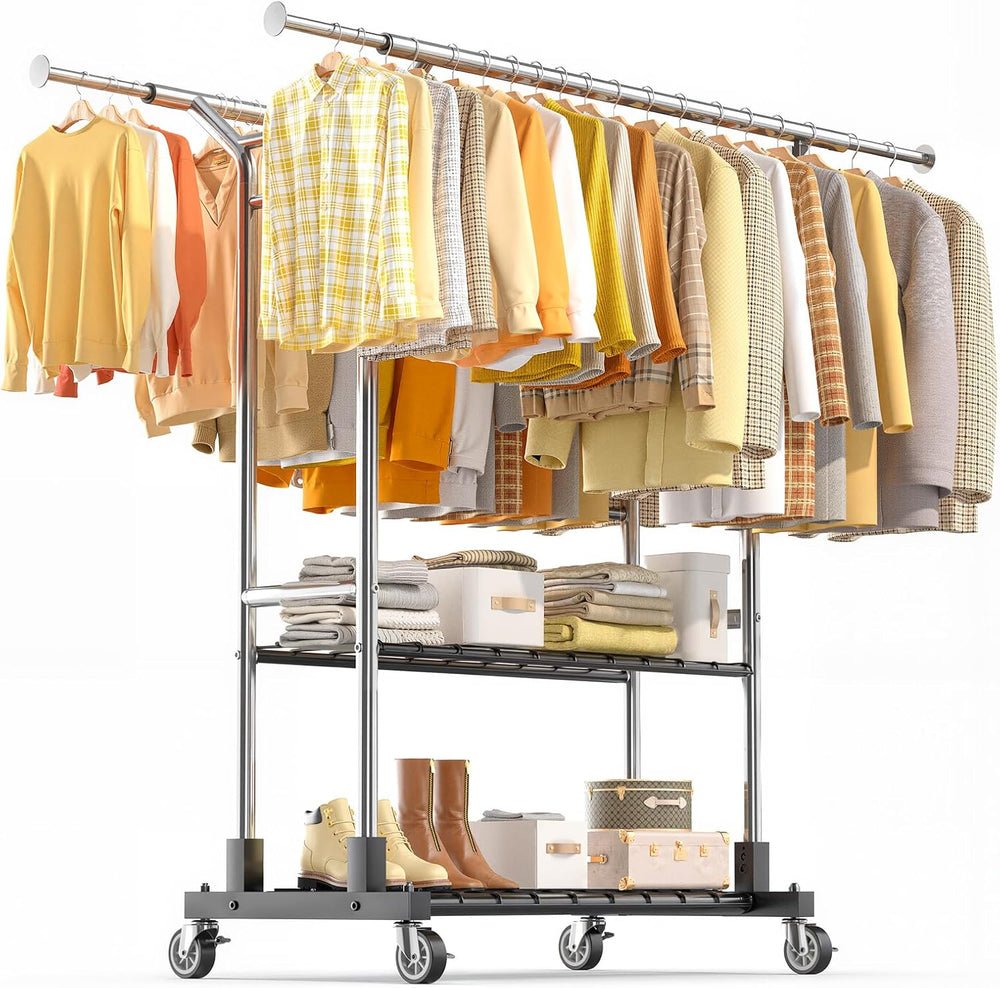 Luxspire Double Rod Clothing Racks for Hanging Clothes Load 650 LBS, Silver