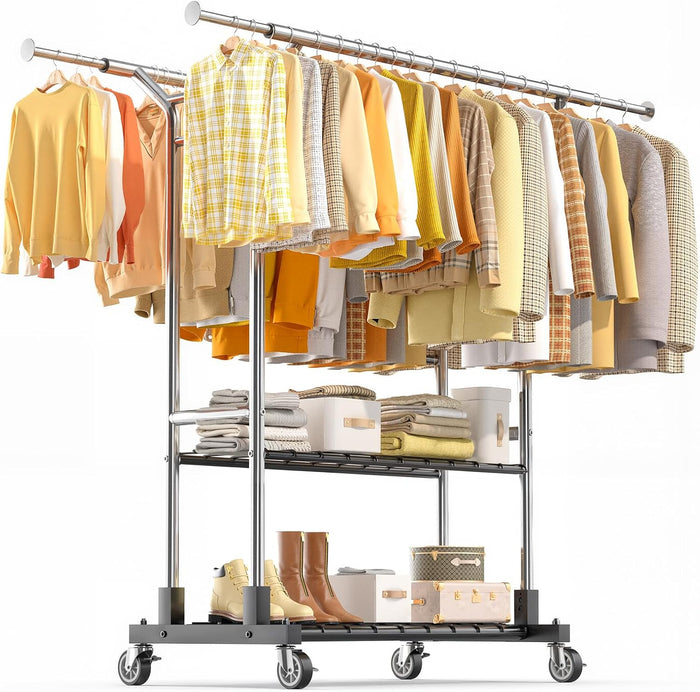 Luxspire Double Rod Clothing Racks for Hanging Clothes Load 650 LBS, Silver