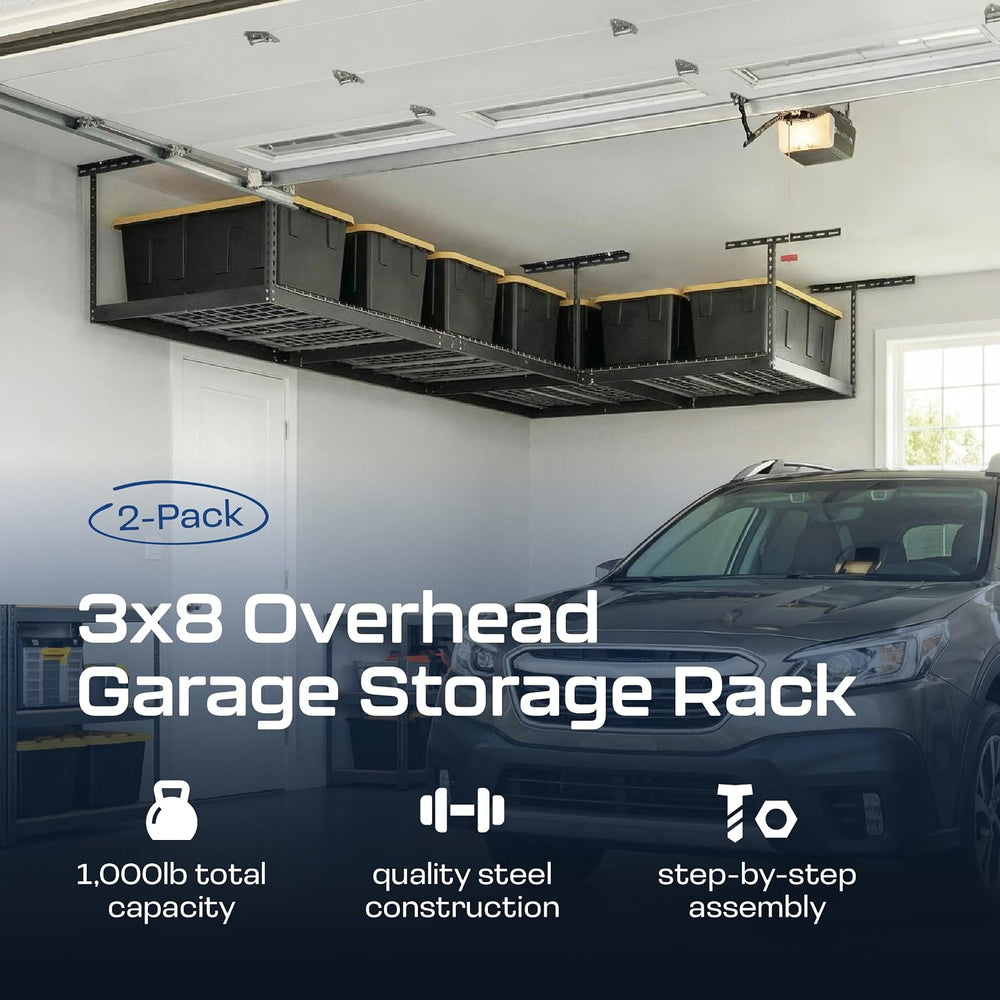 MonsterRAX 2-Pack 3x8 Overhead Garage Storage Rack, Hammertone, 12"-21&q...