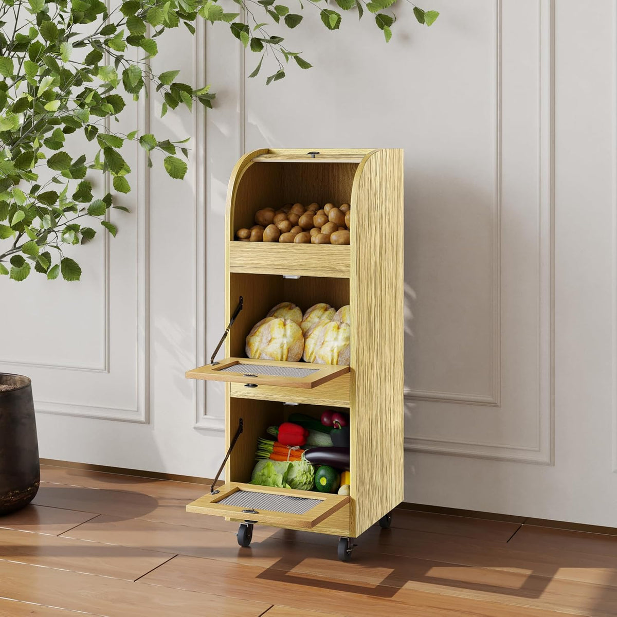 Wood Color Vegetable Storage Bin with Wheels & Ve...