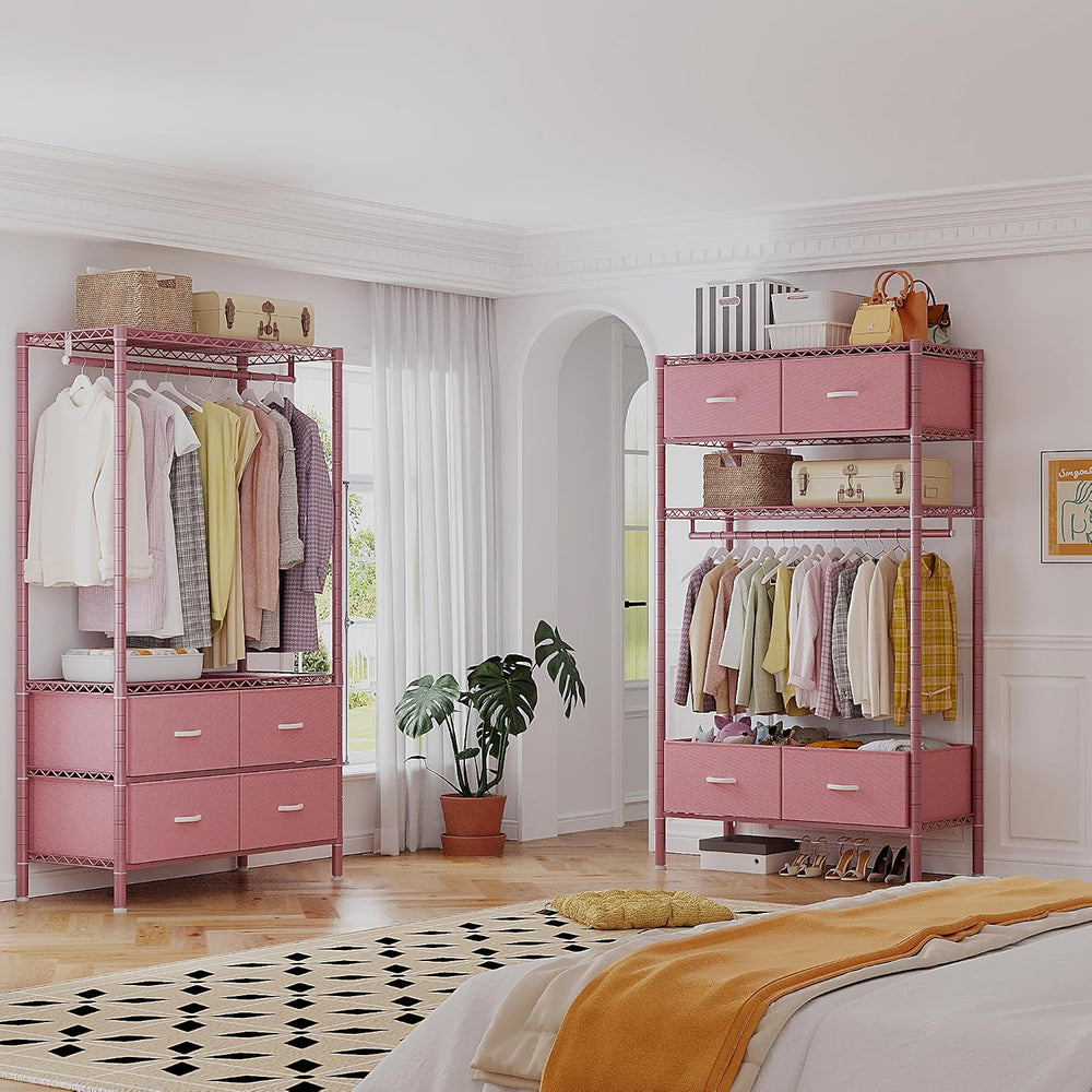 Raybee Clothes Rack, Portable Closet for Bedroom, Dorm, 4 Drawers, Pink