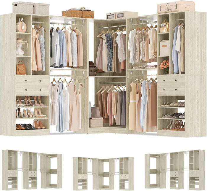 Large Closet System (Set of 3) with 4 Drawers, 8 Hanging Robs, 91.5"/151" Closet Organizer System with Corner Tower, Reversible Walk-in Closet System Corner Closet System, Greige Oak