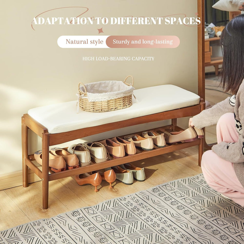 STDDRE Shoe Rack Bench Entryway Bamboo Shoe Storage Bench with Leather Cushio...