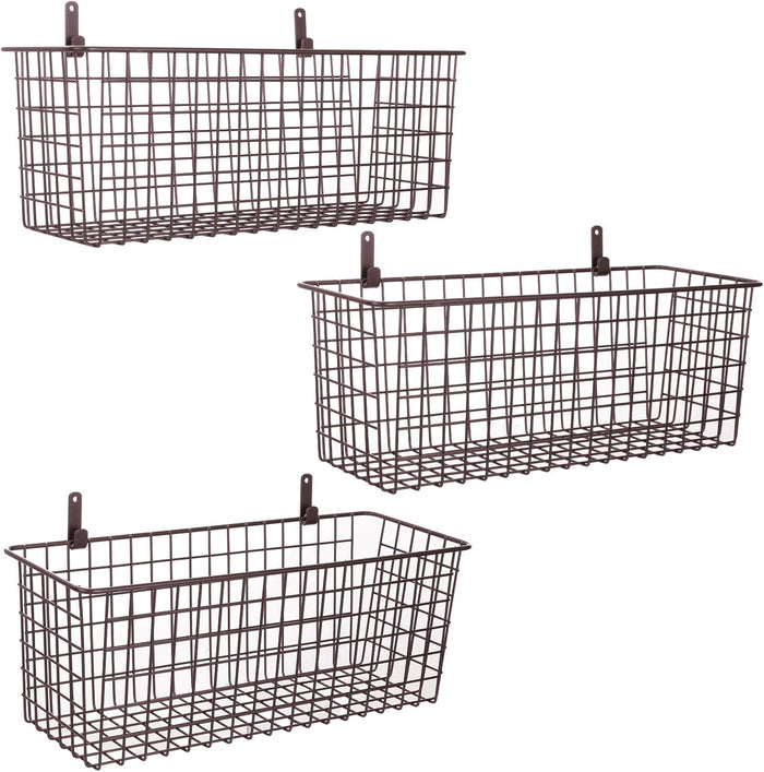 3 Set [Extra Large] Hanging Wall Basket for Storage, Wall Mount Sturdy Steel Wire Baskets, Metal Hang Cabinet Bin Wall Shelves, Rustic Farmhouse Decor, Kitchen Bathroom Organizer, Brown