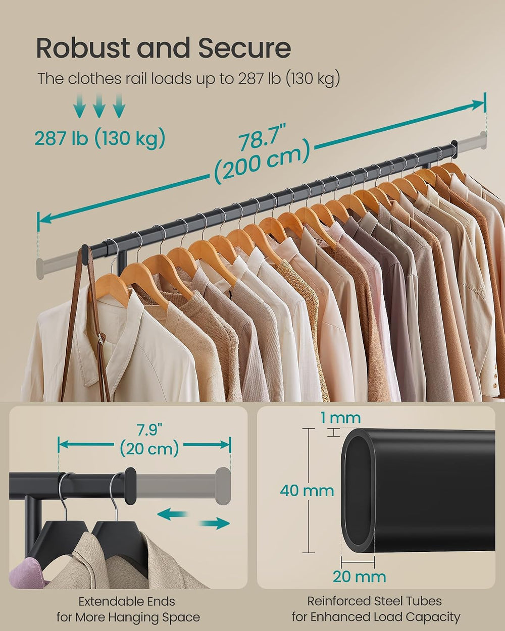 SONGMICS Clothes Rack with Wheels, Heavy-Duty, 330 lb Load Capacity