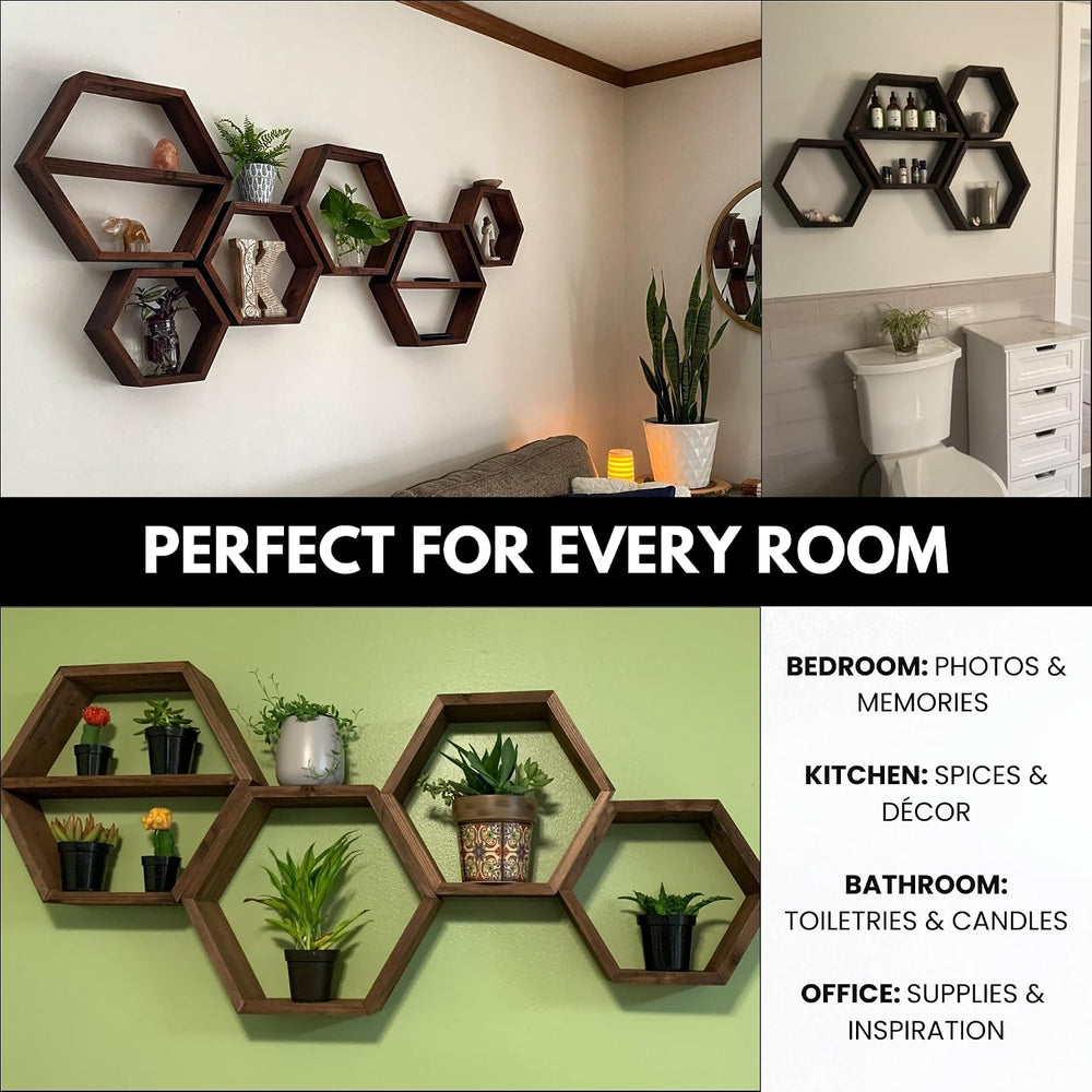 LABEND HOME Hexagon Floating Shelves Set of 4 - Solid Wood Wall Mounted Shelv...