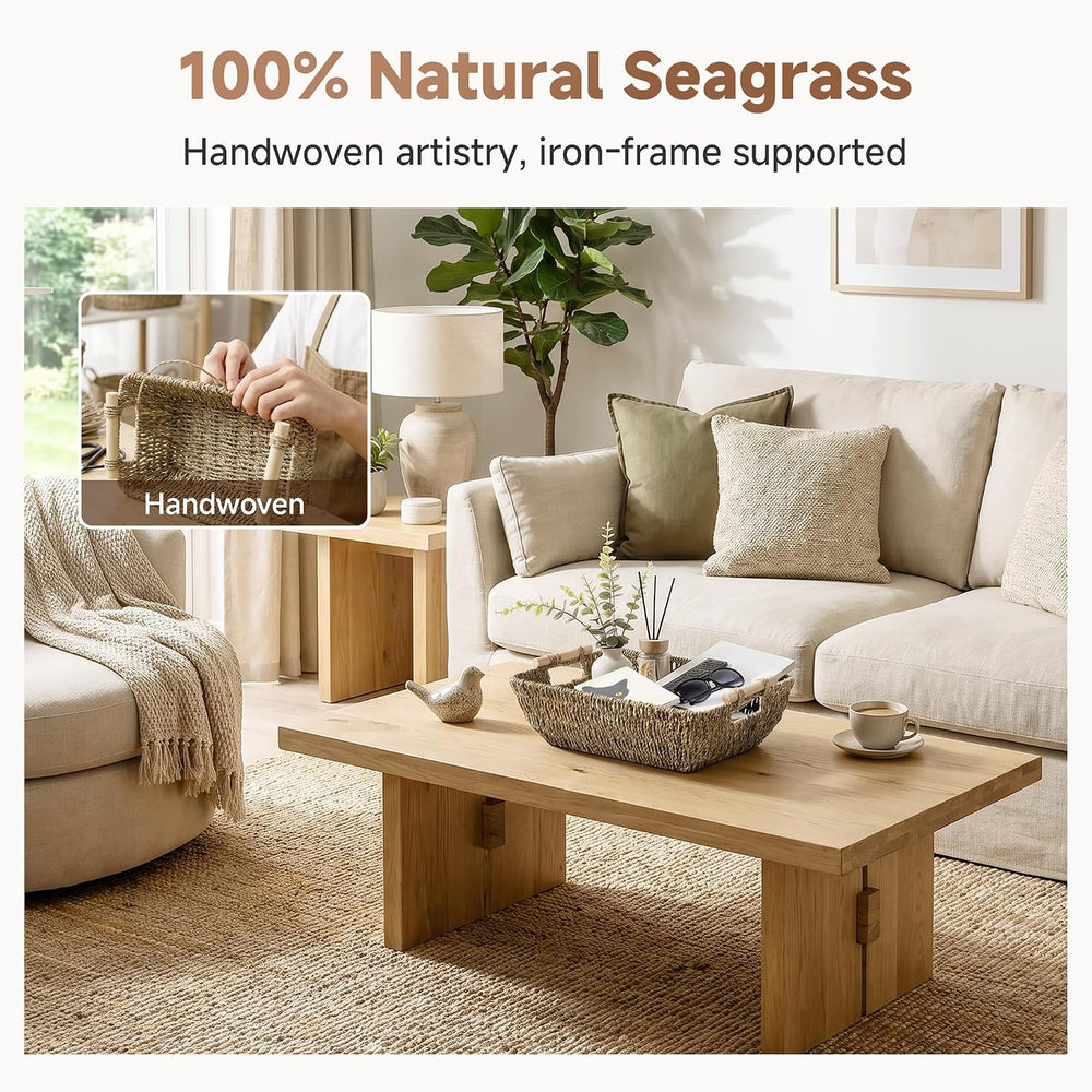 StorageWorks Hand-Woven Jumbo Storage Baskets with Wooden Handles, Seagrass W...