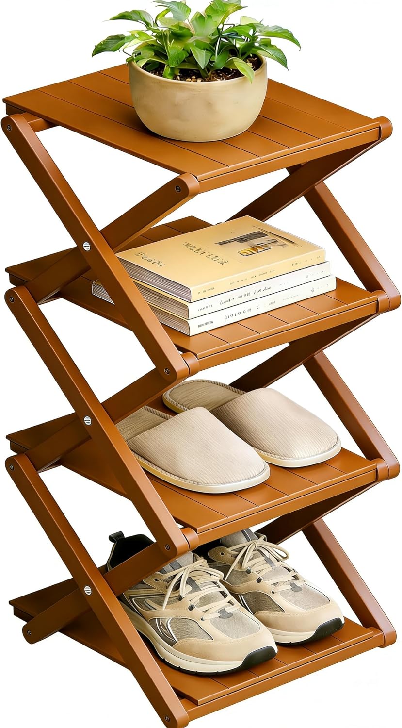 Bamboo Shoe Rack - No Assembly Required, Tall Narrow Foldable Shoe Organizer,...