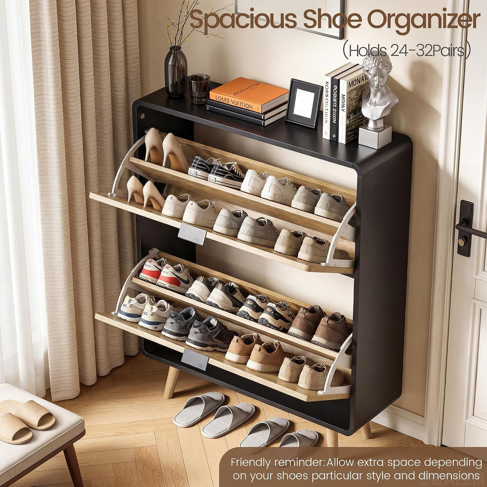FurSch Fluted Shoe Storage Cabinet with 2 Flip Drawers, Narrow Shoe Rack Cabi...