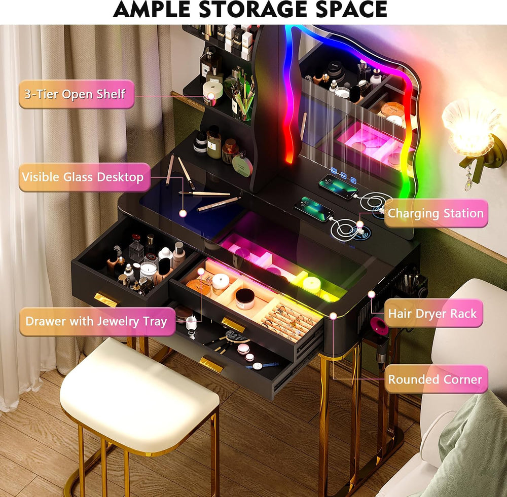RGB Makeup Vanity Desk with Wireless Charging Station,7 Dynamic and 7 Static ...