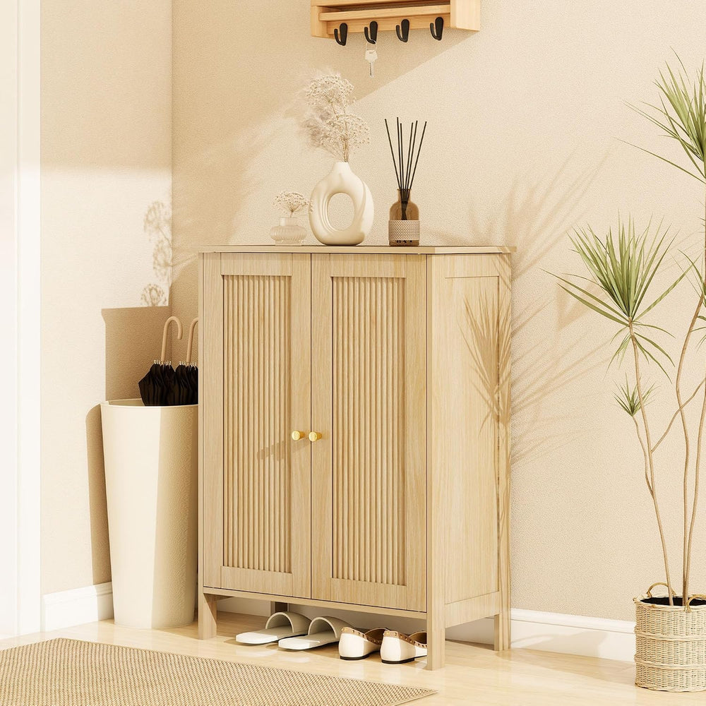 Fluted Bathroom Storage Cabinet with 2 Doors & Shelf, Natural