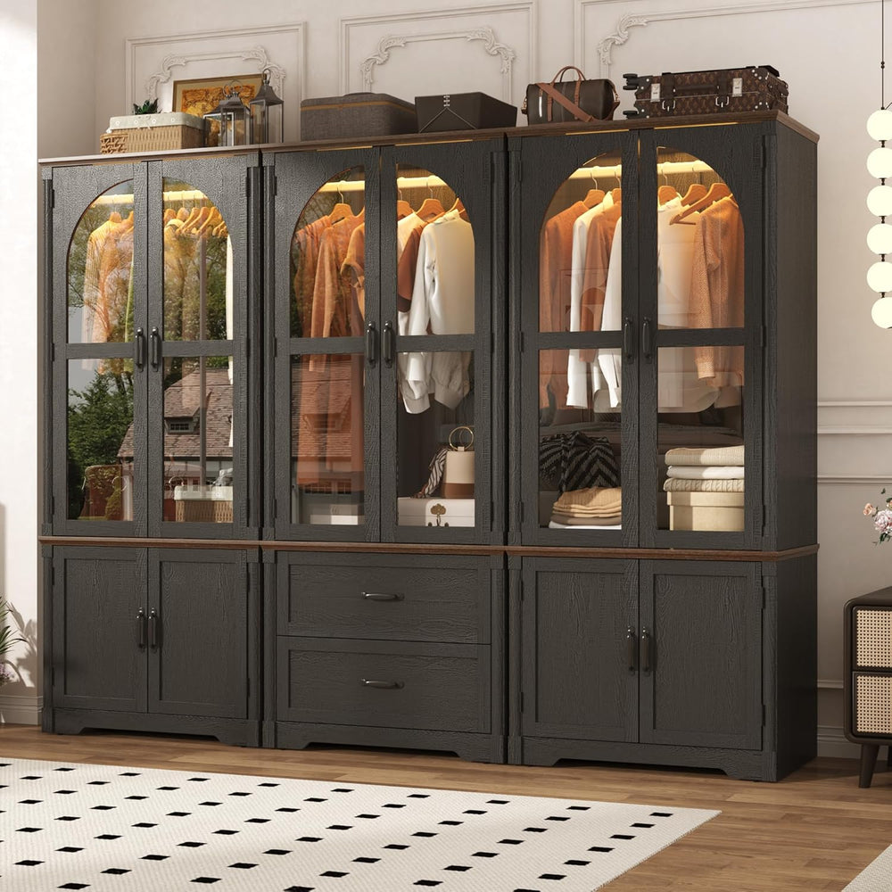 Tall Farmhouse 6 Doors Armoire Wardrobe Closet with LED ,72" Freestandin...