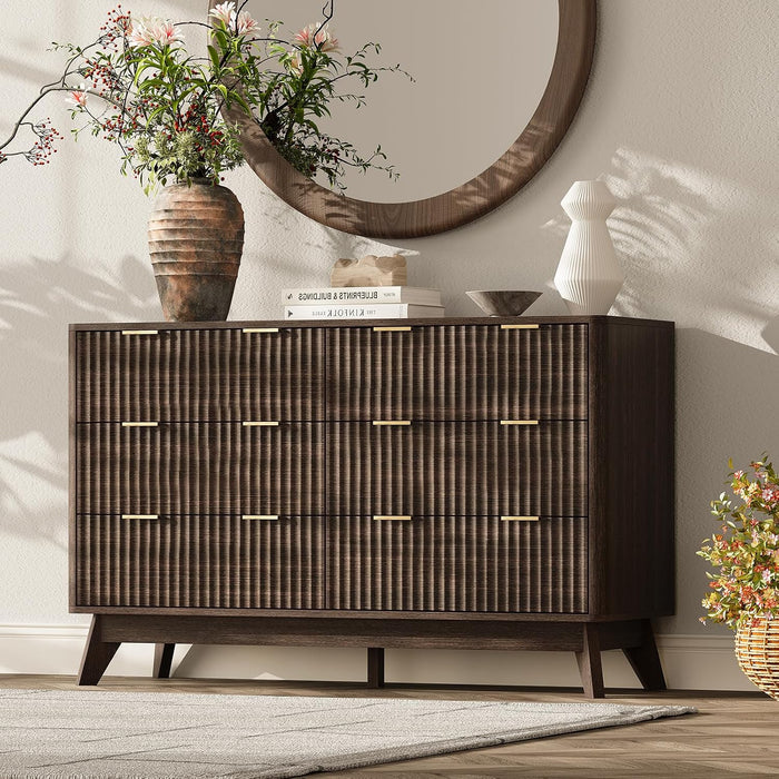 47" Wide Fluted 6 Drawers Dresser for Bedroom,Curved Edge,Walnut