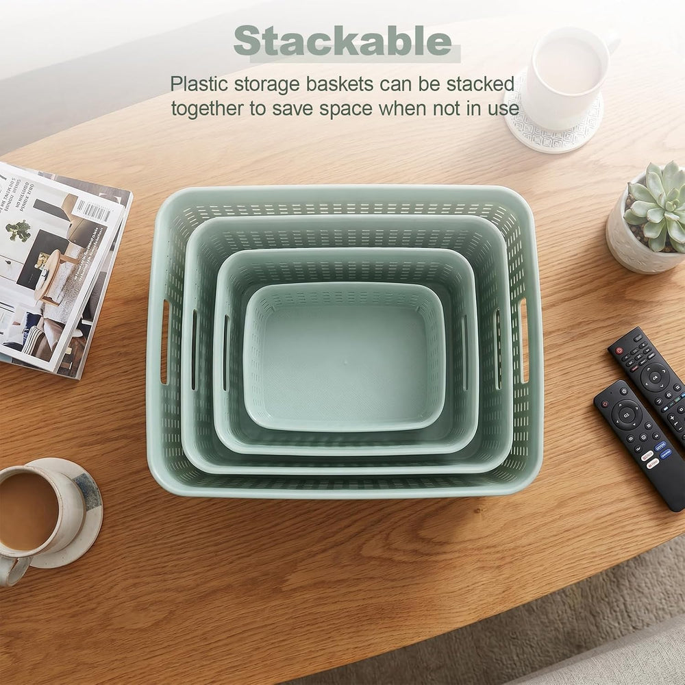 8 Pcs Plastic Storage Basket for Closet, Kitchen, Bathroom (Green，2L+2M+1S+3XS)