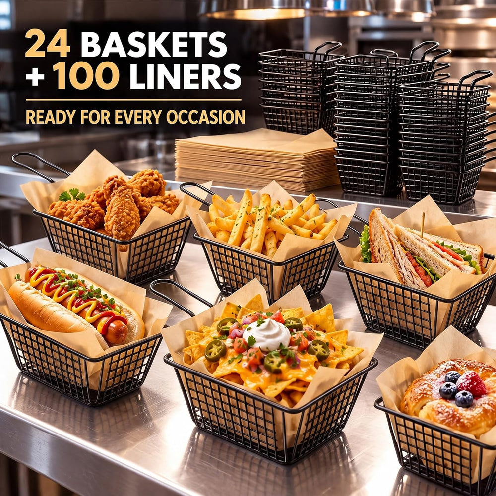 24 Pack French Fry Baskets with Handles and 100 Paper Liners