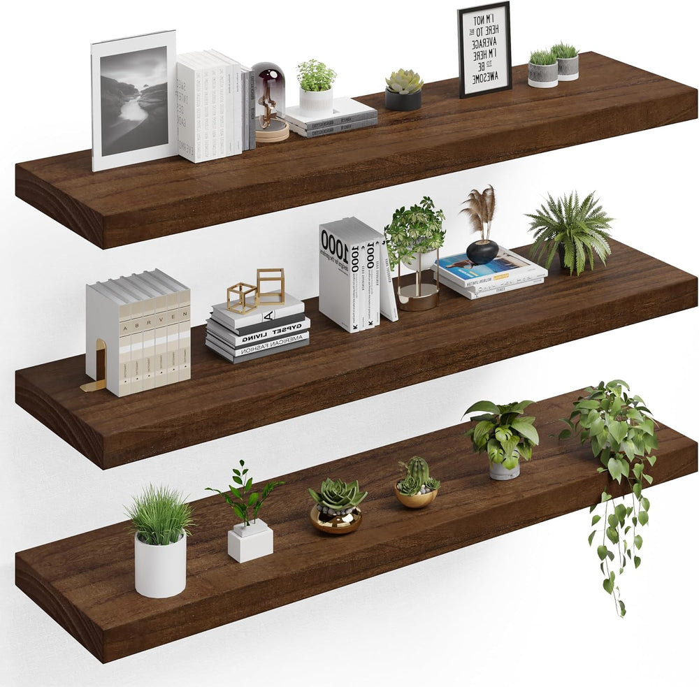 60" Extra Deep Floating Shelves, Set of 3, Walnut Wood