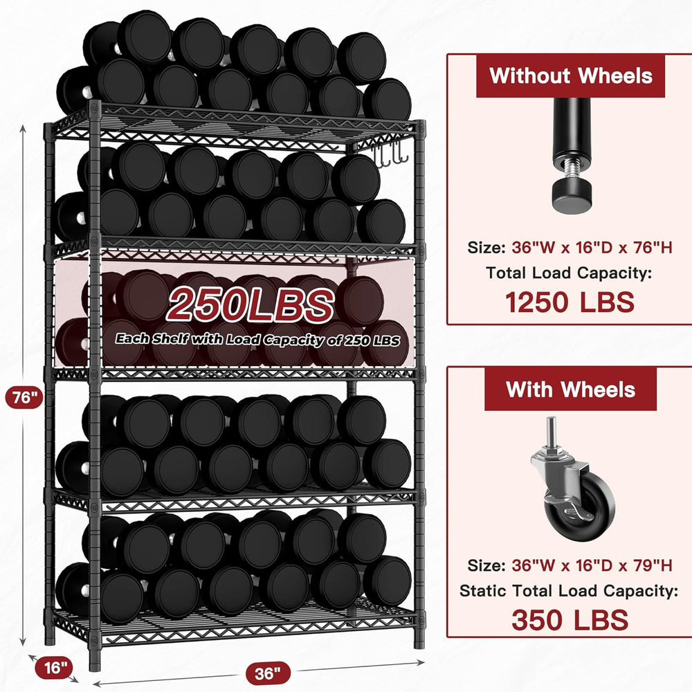 PrimeZone 36"W x 16"D x 79"H Wire Shelving with Wheels, 5-tier...