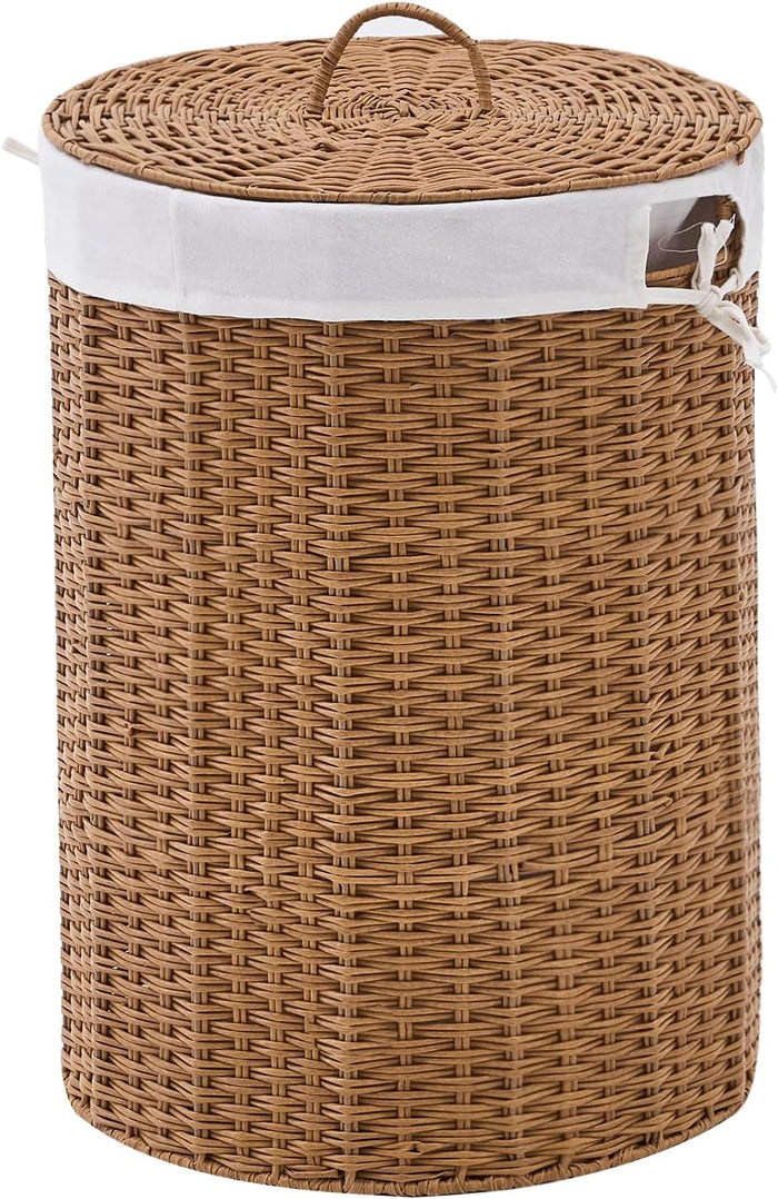 Round Wicker Laundry Hamper with Lid Handwoven Rattan Basket with Handles for Dirty Clothes, 2 Washable Liner Bags, No Assembly Required, Washable Basket, 90L