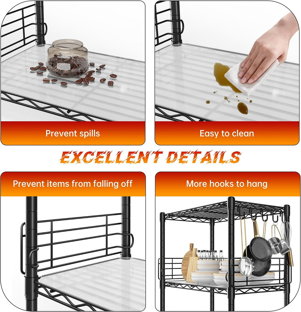 REIBII 59.1" H Storage Shelves, Side Blockers & Hooks, for Kitchen