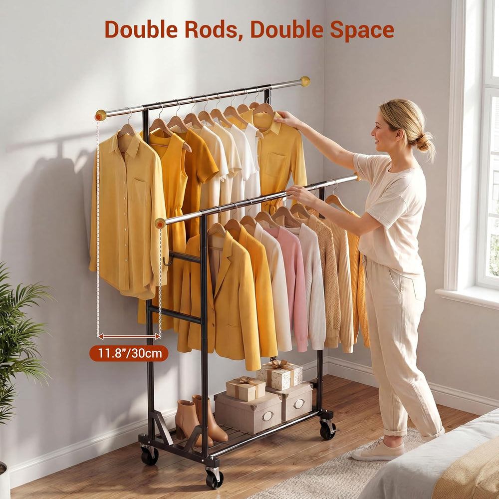 Rolling Garment Rack - Double Rod Clothes Rack with Lockable Casters, Mesh St...