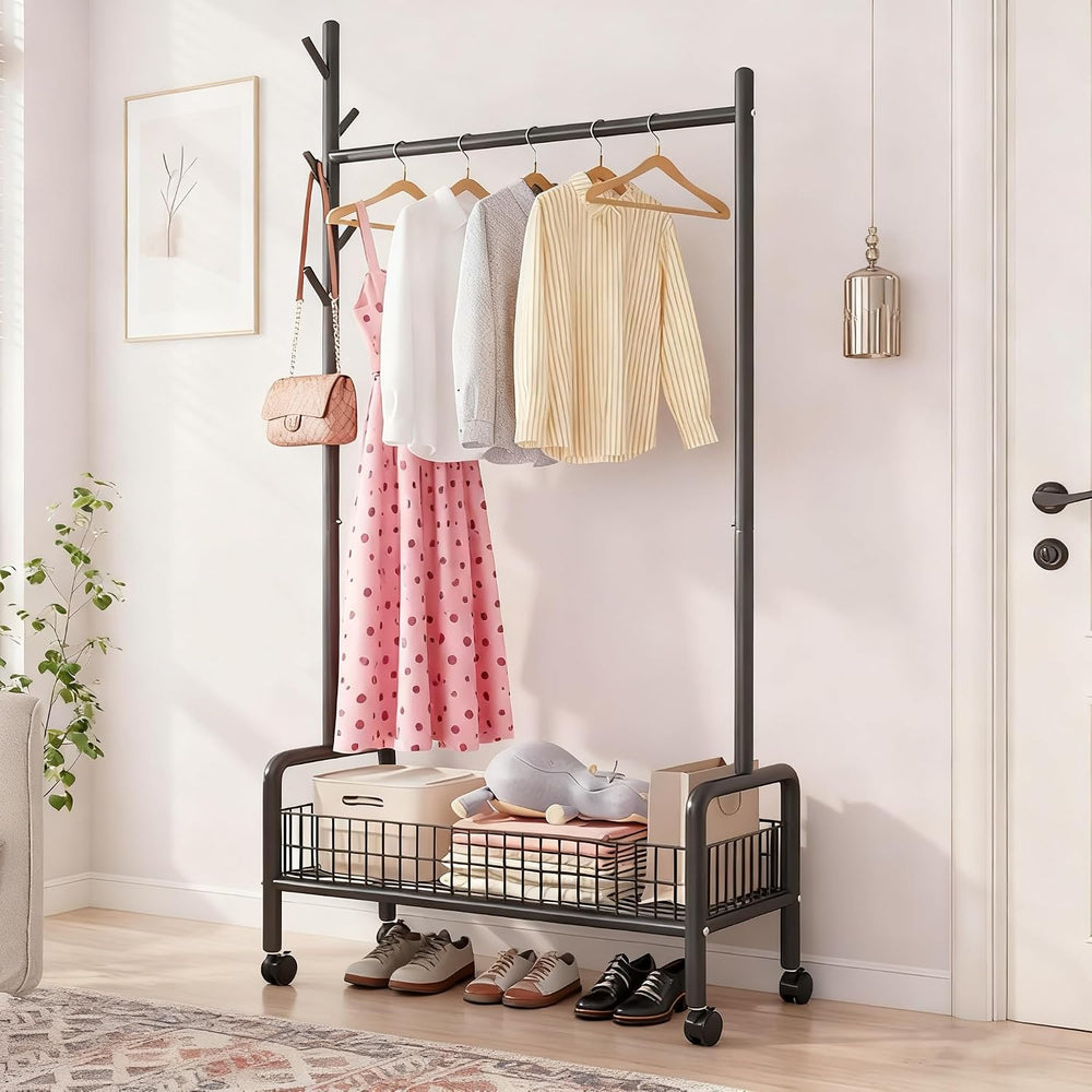MYUPDALIN Rolling Metal Clothes Rack with Shelves & Storage Basket, Black