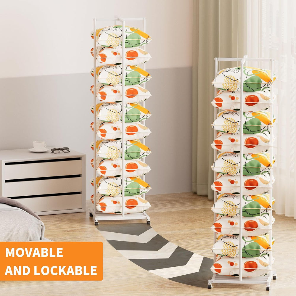 Rolling Pillow Storage Rack Organizer, Adjustable Pillow Display Rack White