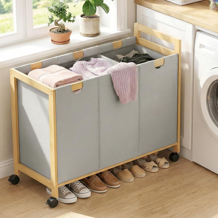 Homykic 250L Laundry Sorter with Wheels, 3-Section Laundry Hamper, Grey