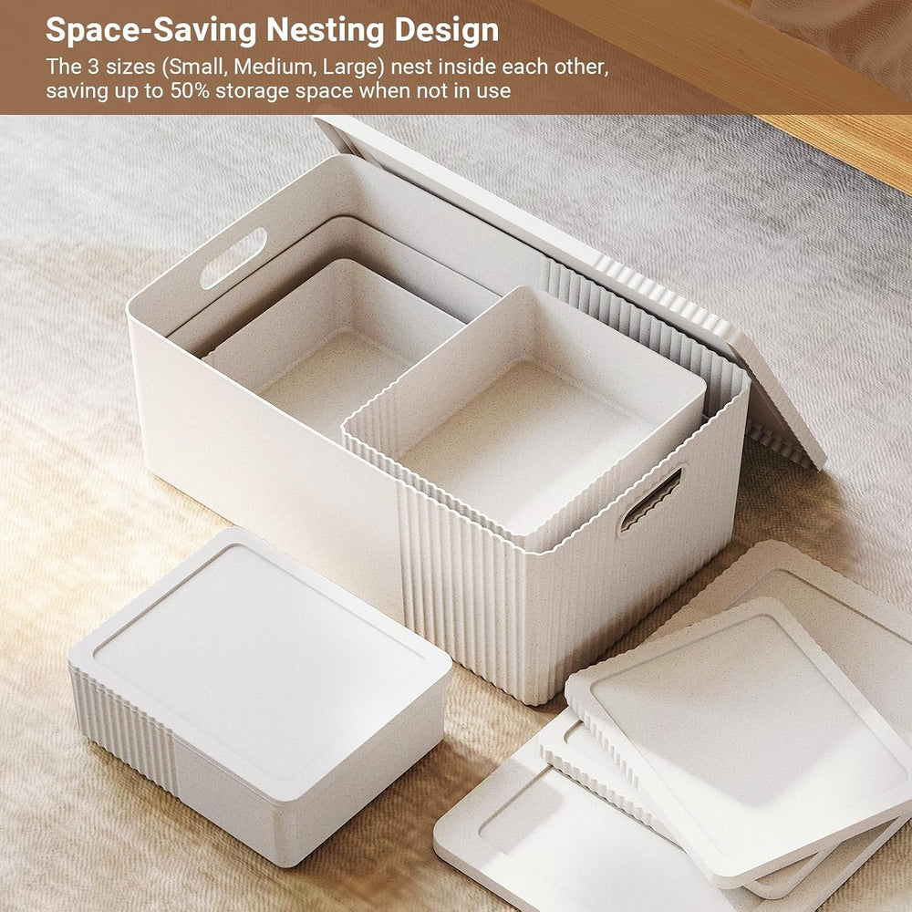 Decorative Storage Bins with Lids, Set of 6, 3 Size Baskets, Ivory