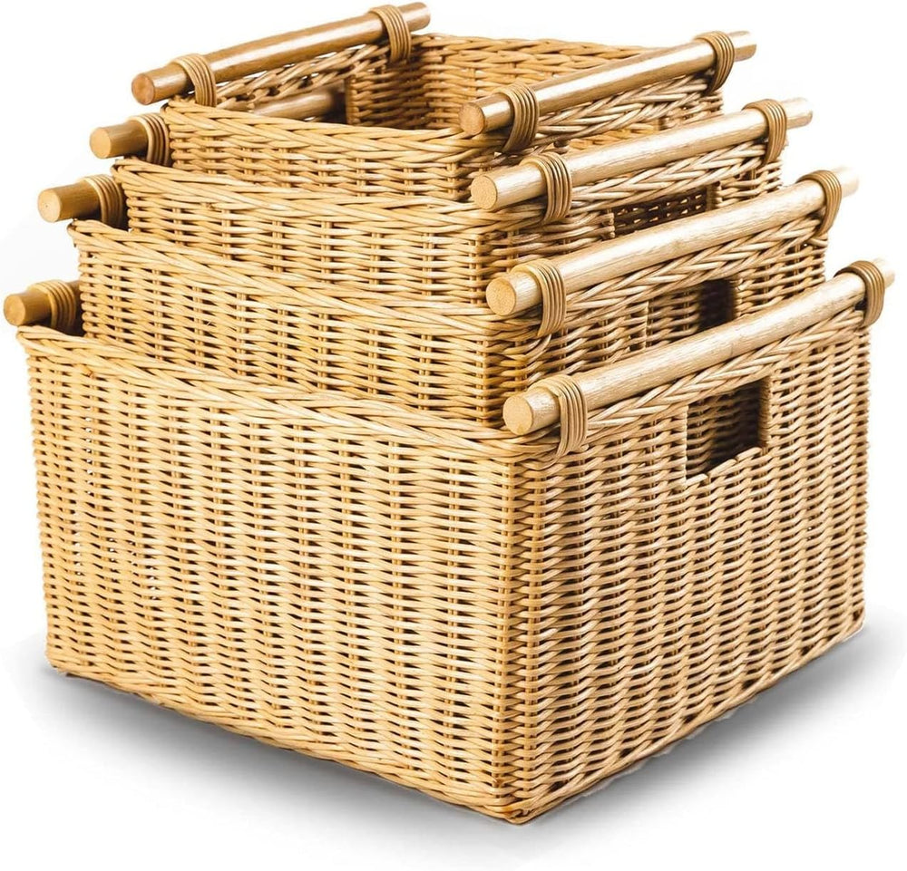 The Basket Lady Deep Pole Handle Wicker Storage Basket, M, Sandstone