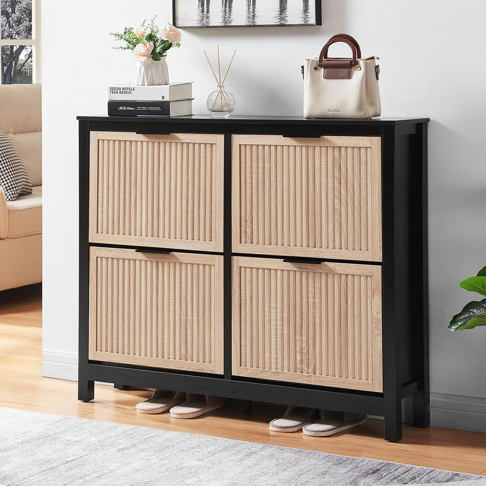 4-Flip Drawer Shoe Cabinet Narrow Entryway Rack, Oak & Black