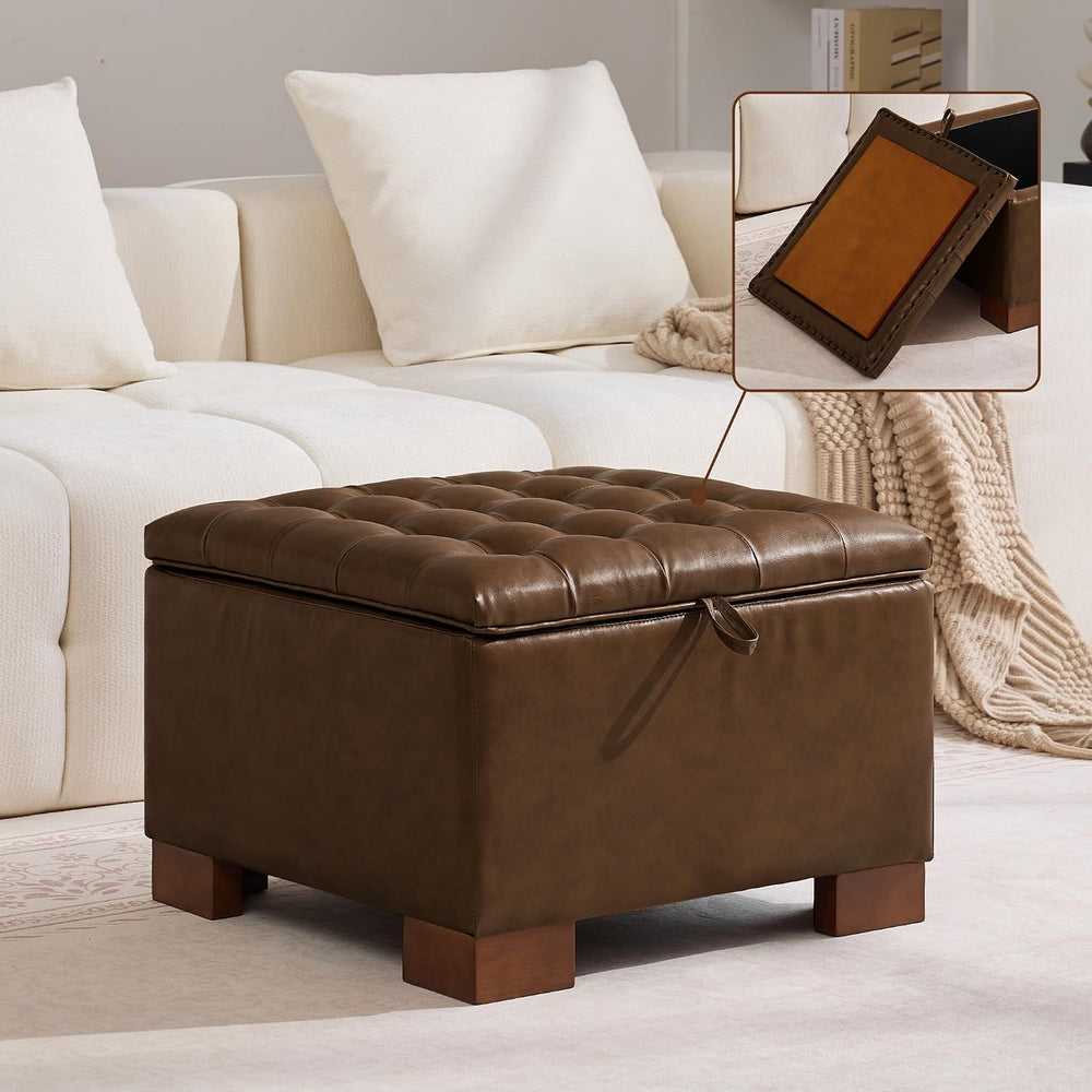 WUTUTUEE 24" Faux Leather Square Storage Ottoman with Wooden Tray, Moder...